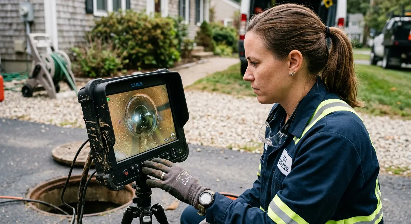 Technician reviewing sewer camera inspection footage in Bath