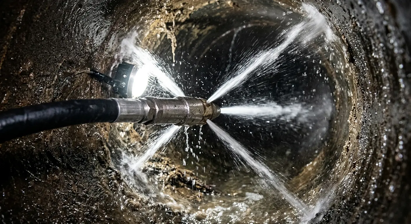 High-pressure hydro jetting nozzle cleaning sewer pipe for Trenchless Sewer Repair in Bath