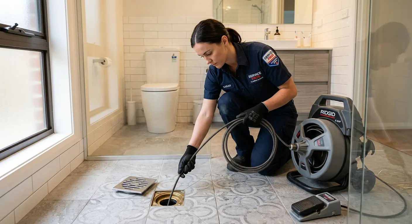Technician clearing a bathroom floor drain for Hydro Jetting in Bath